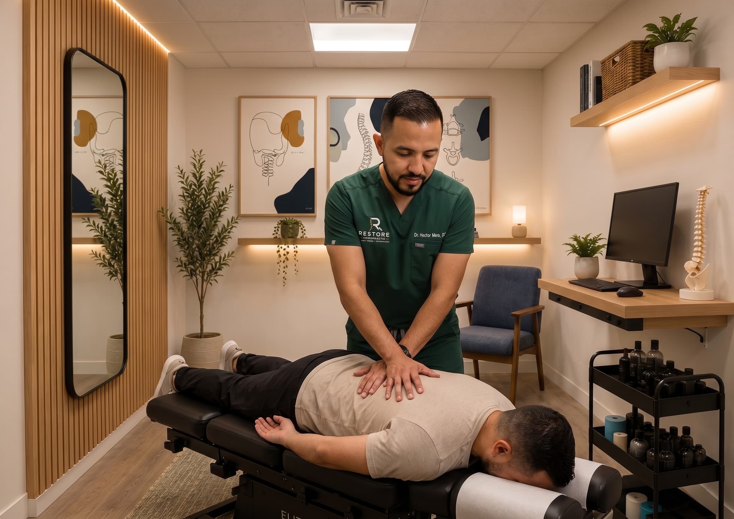 El Dr. Hector Mera, DC, ajustando el cuello de una paciente sentada en la sala de tratamiento de Restore Chiropractic