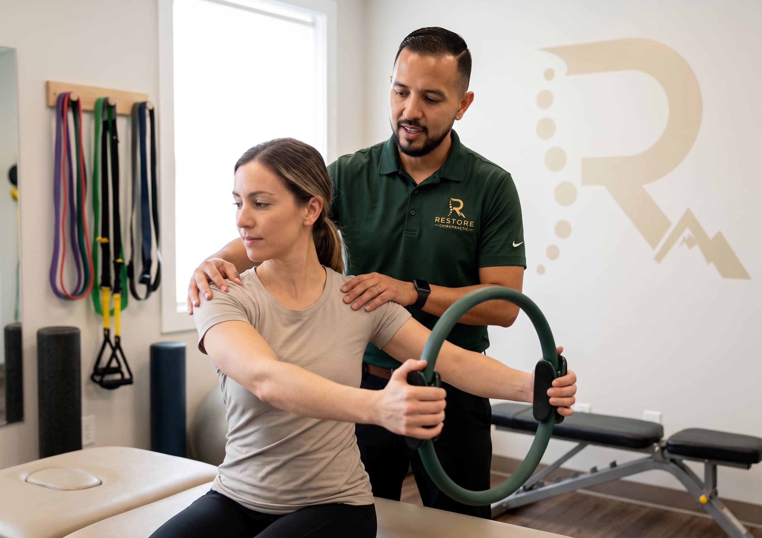 El Dr. Hector Mera, DC, guiando a una paciente en un ejercicio de hombro con un aro de pilates en la sala de rehabilitación