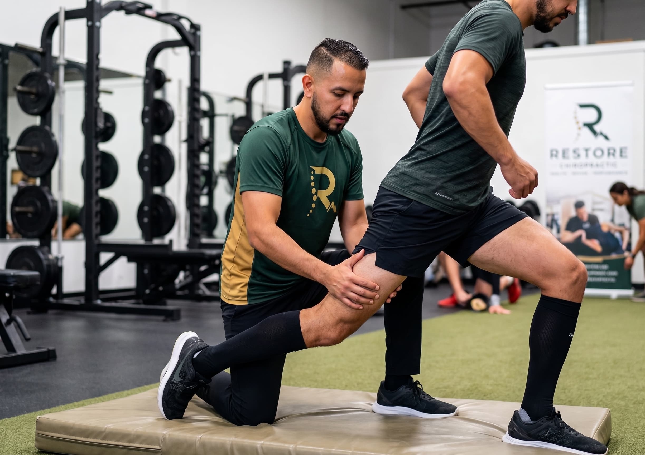 El Dr. Hector Mera, DC, evaluando la cadera y la pierna de un atleta durante una zancada en un gimnasio